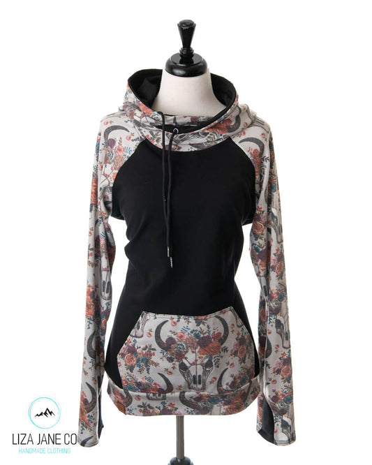 Women's Hoodie | Embroidered Skull Print and black on Body {Made to Order}