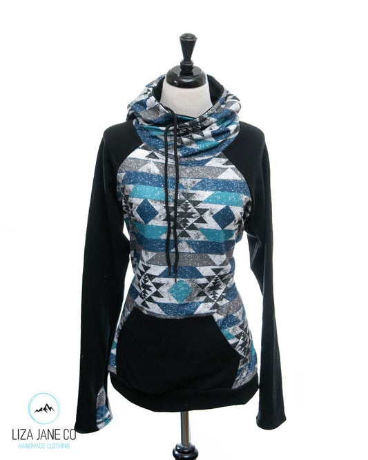 Women's Hoodie | Blue Glitter Aztec and black on Sleeves {Made to Order}