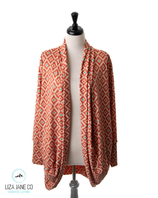 Women's Cocoon Cardigan | Turquoise and Rust Aztec
