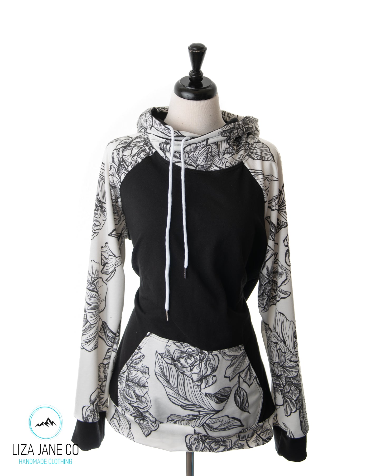 Women's Hoodie | Black Floral outline on White & Black Body