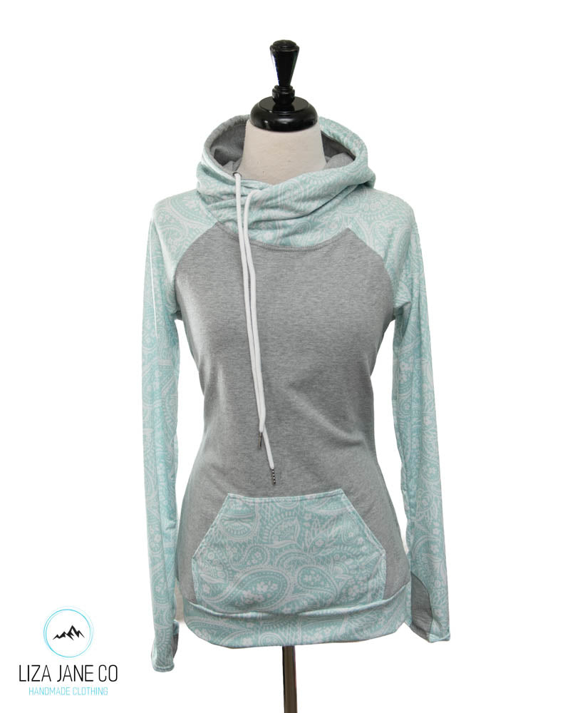 Women's Hoodie | Mint Paisley and grey on Body {Made to Order}