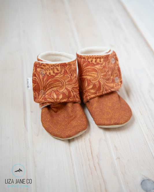 Stay-on Baby Booties |  Tooled Light Brown Leather