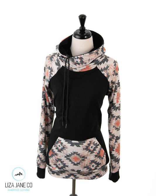 Women's Hoodie | Natural/earthy Aztec and black on Body {Made to Order}