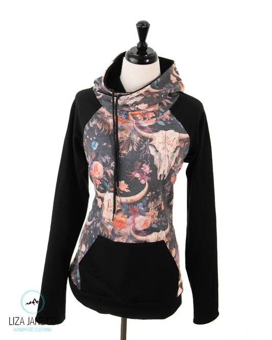 Women's Hoodie | Floral skull on Navy and black on Sleeves {Made to Order}