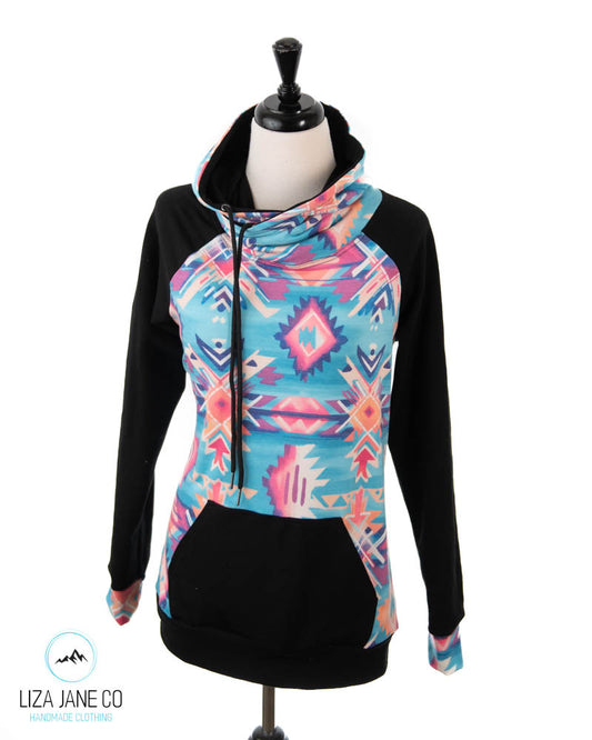 Women's Hoodie | Neon Aztec and black on Sleeves {Made to Order}