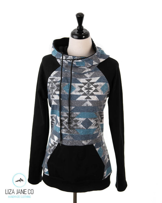 Women's Hoodie | Blue Glitter Aztec and black on Sleeves {Made to Order}
