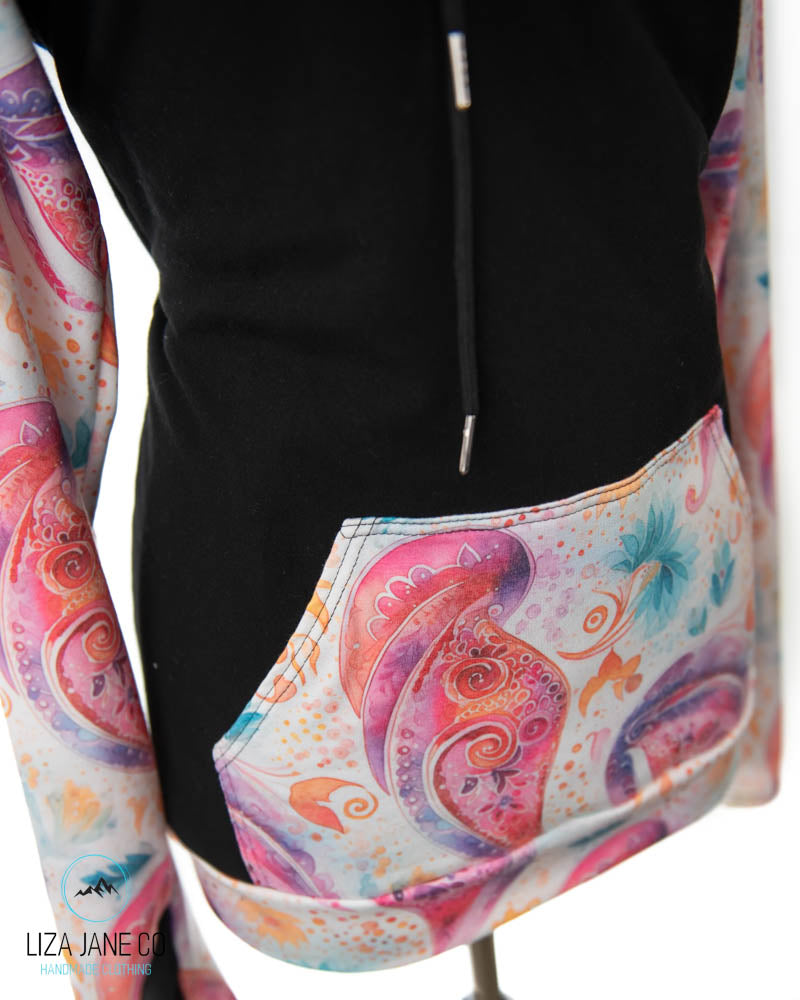 Women's Hoodie | Pink paisley on white and black on Body {Made to Order}