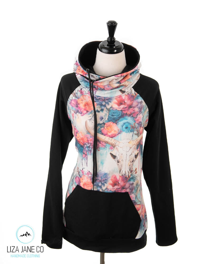 Women's Hoodie | Skull on bright dripping floral and black on Sleeves {Made to Order}