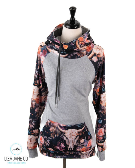 Women's Hoodie | Vibrant Floral skull on Navy and Grey on Body {Made to Order}
