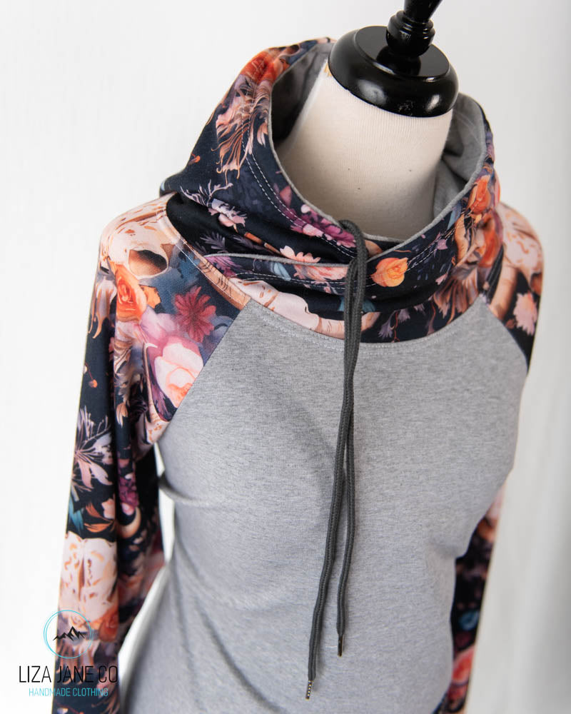 Women's Hoodie | Vibrant Floral skull on Navy and Grey on Body {Made to Order}