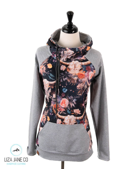 Women's Hoodie | Vibrant Floral skull on Navy and Grey on Sleeves {Made to Order}