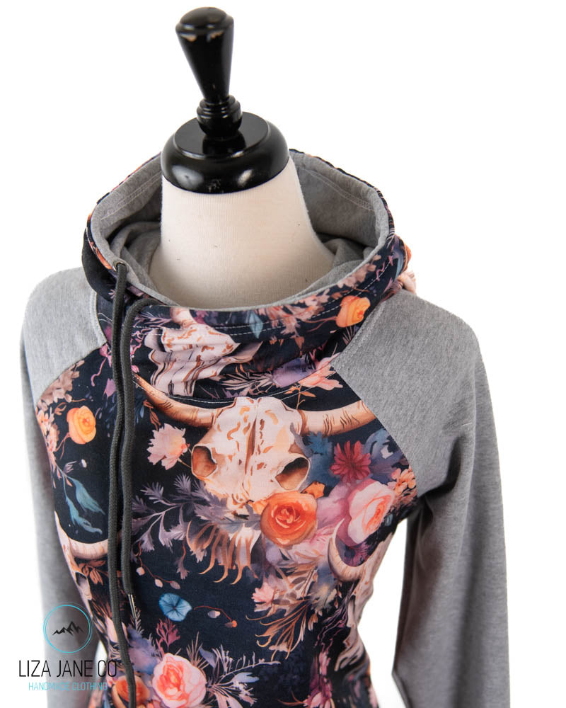 Women's Hoodie | Vibrant Floral skull on Navy and Grey on Sleeves {Made to Order}