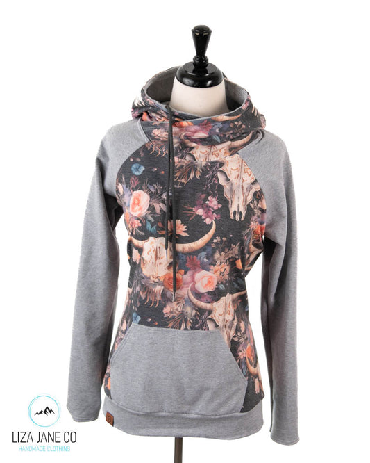 Women's Hoodie | Muted Floral skull on Navy and Grey on Sleeves {Made to Order}