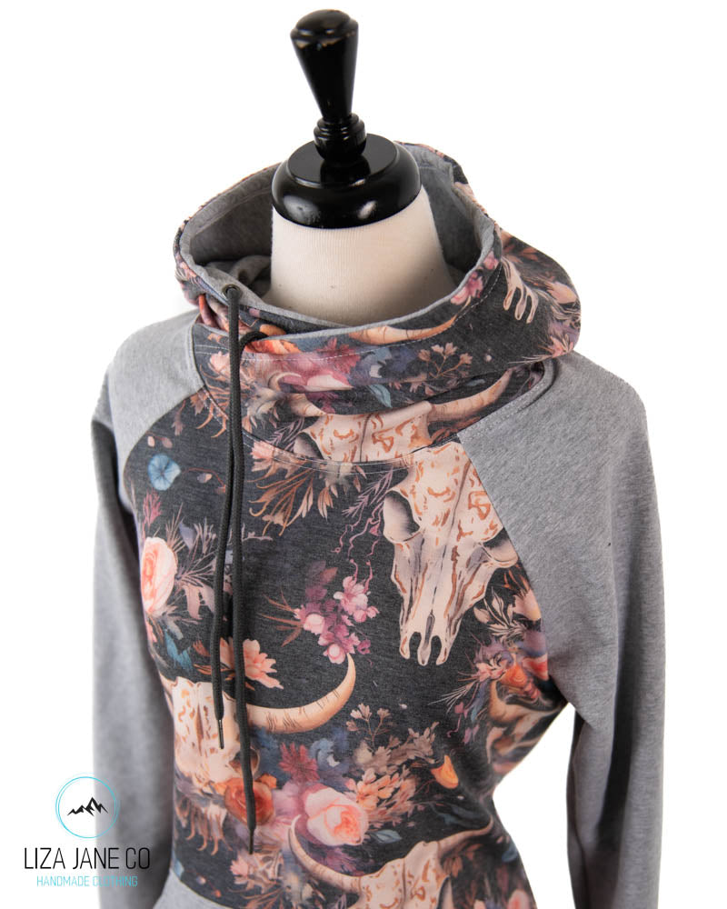 Women's Hoodie | Muted Floral skull on Navy and Grey on Sleeves {Made to Order}