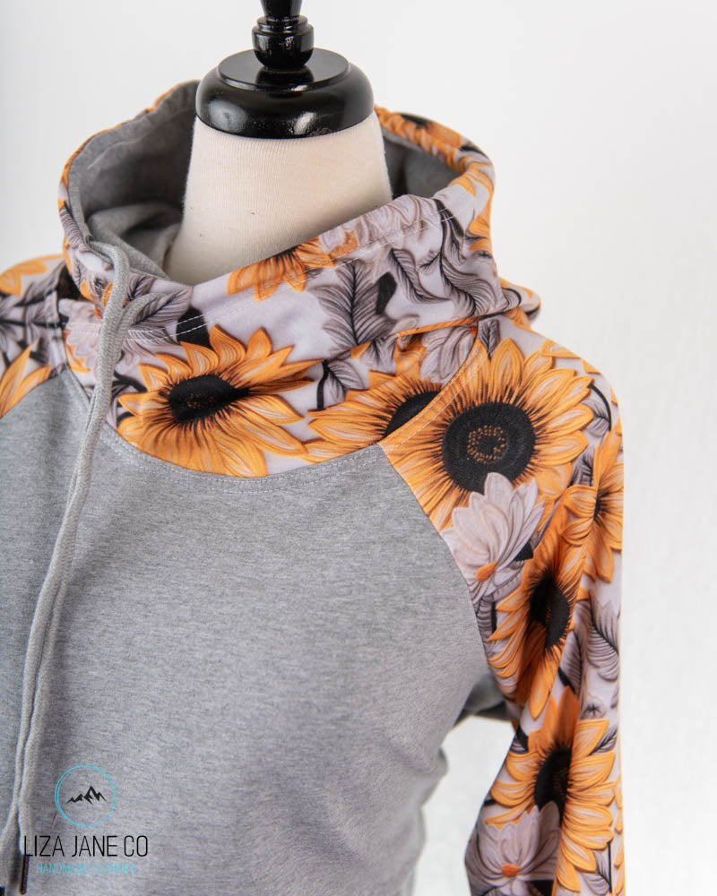 Women's Hoodie | Vibrant Embroidered Sunflower and Grey on Body {Made to Order}