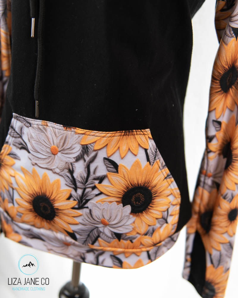 Women's Hoodie | Vibrant Embroidered Sunflower and black on Body {Made to Order}