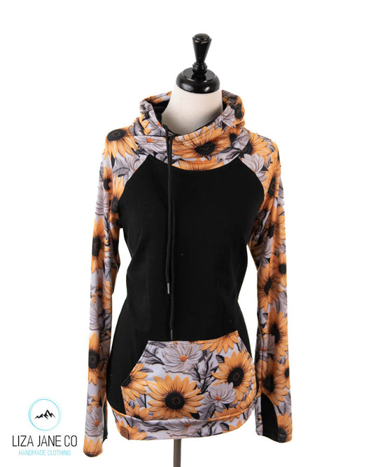 Women's Hoodie | Vibrant Embroidered Sunflower and black on Body {Made to Order}