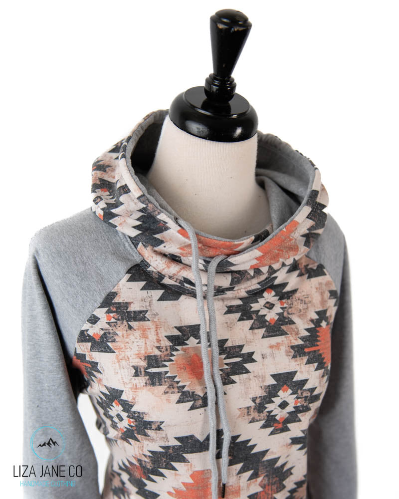 Women's Hoodie | Natural/earthy Aztec and Grey on Sleeves {Made to Order}