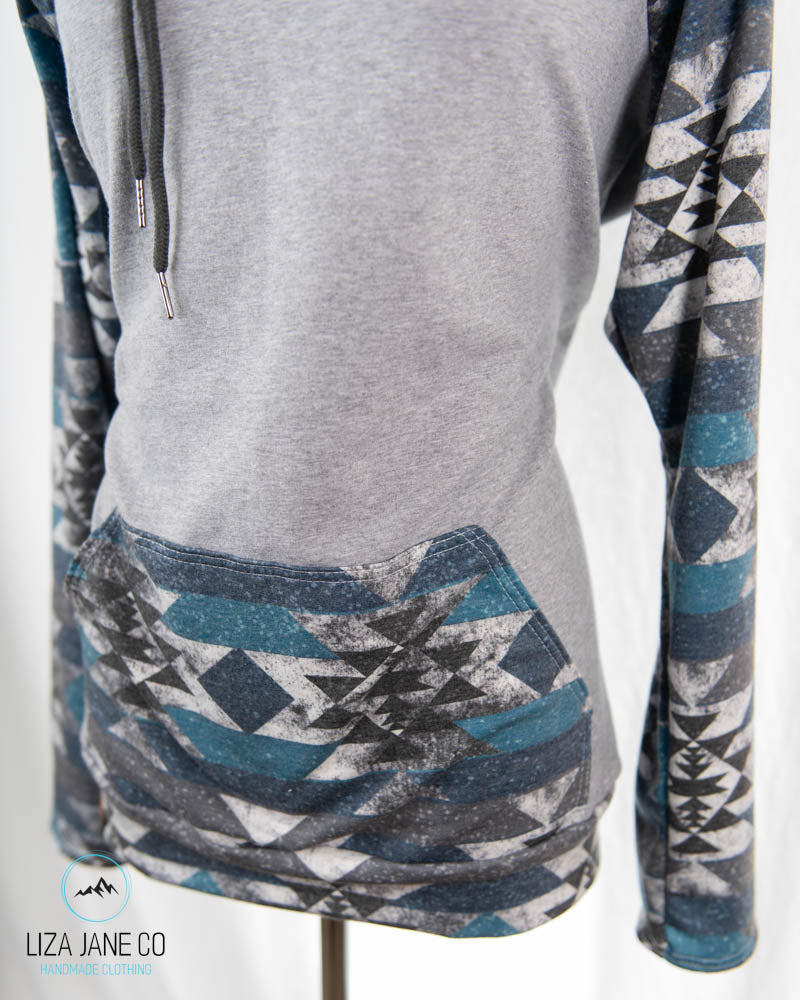 Women's Hoodie | Blue Glitter Aztec and Grey on Body {Made to Order}