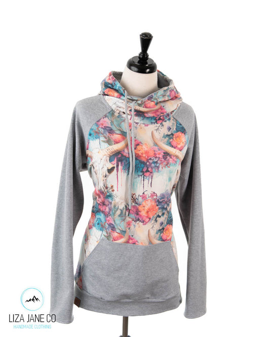 Women's Hoodie | Skull on bright dripping floral and Grey on Sleeves {Made to Order}