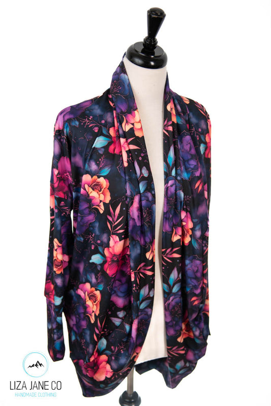Women's Cocoon Cardigan | Neon floral on Black (Made to Order)