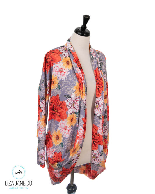 Women's Cocoon Cardigan | Poppy and Floral on Grey (Made to Order)