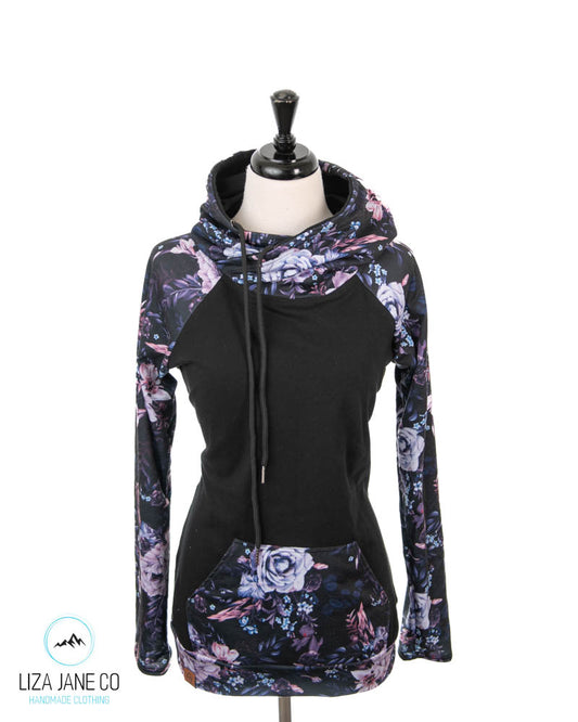 Women's Hoodie | Purple Floral on black and Black on Body {Made to Order}