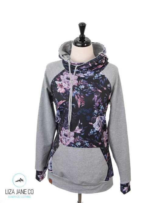 Women's Hoodie | Purple Floral on black and Grey on Sleeves {Made to Order}
