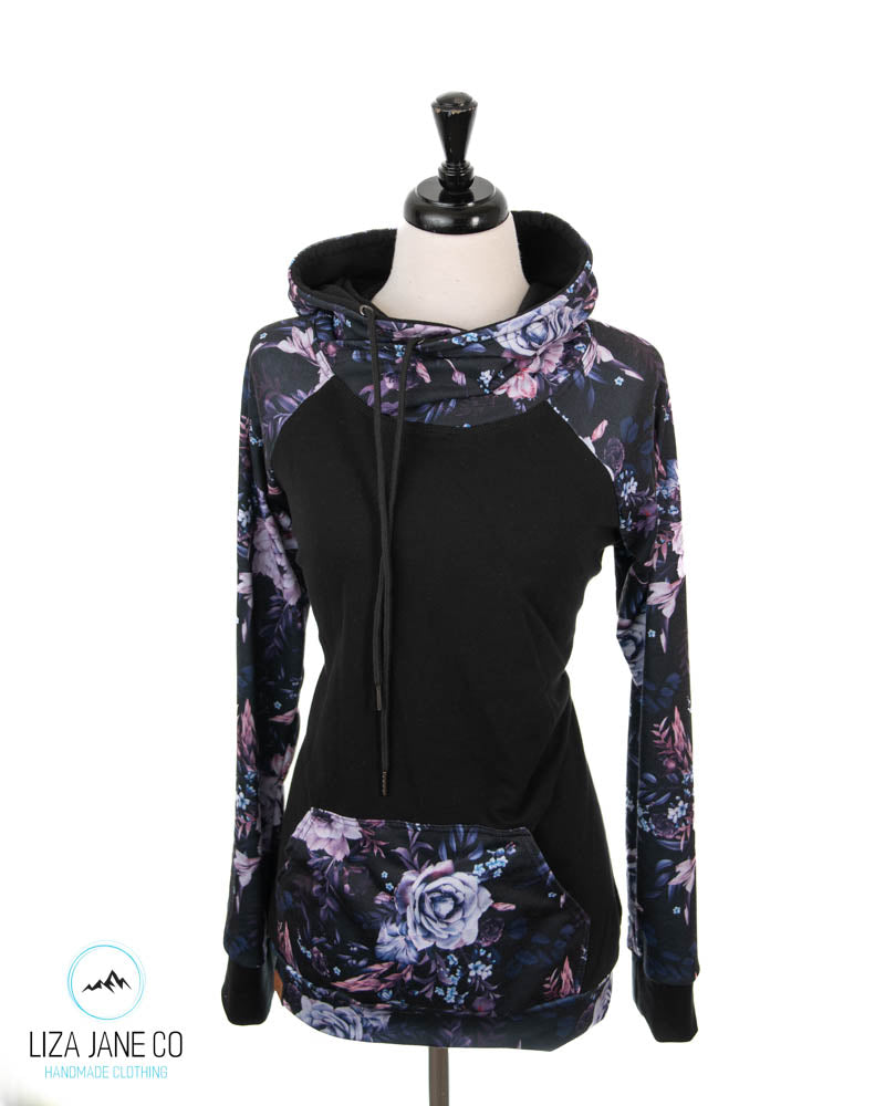 Women's Hoodie | Purple Floral on black and Black on Body {Made to Order}