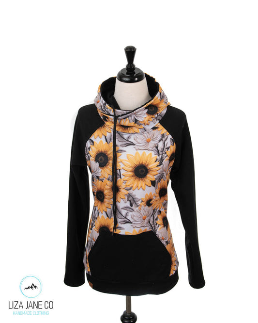 Women's Hoodie | Vibrant Embroidered Sunflower and black on Sleeves {Made to Order}