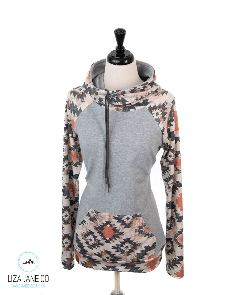 Women's Hoodie | Natural/earthy Aztec and Grey on Body {Made to Order}