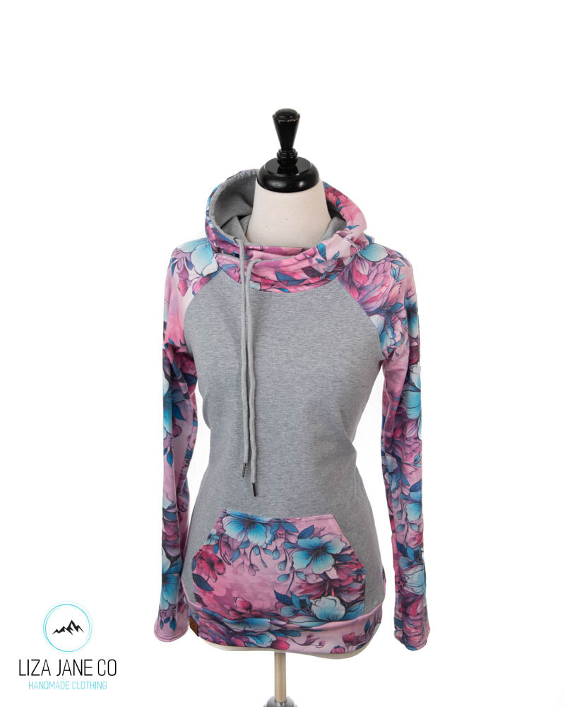 Women's Hoodie | Pink/Aqua Floral and Grey on Body {Made to Order}