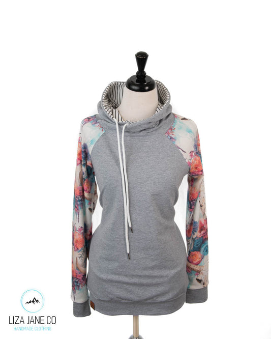 Women's Hoodie | Skull on bright dripping floral and Grey on Body {Large}