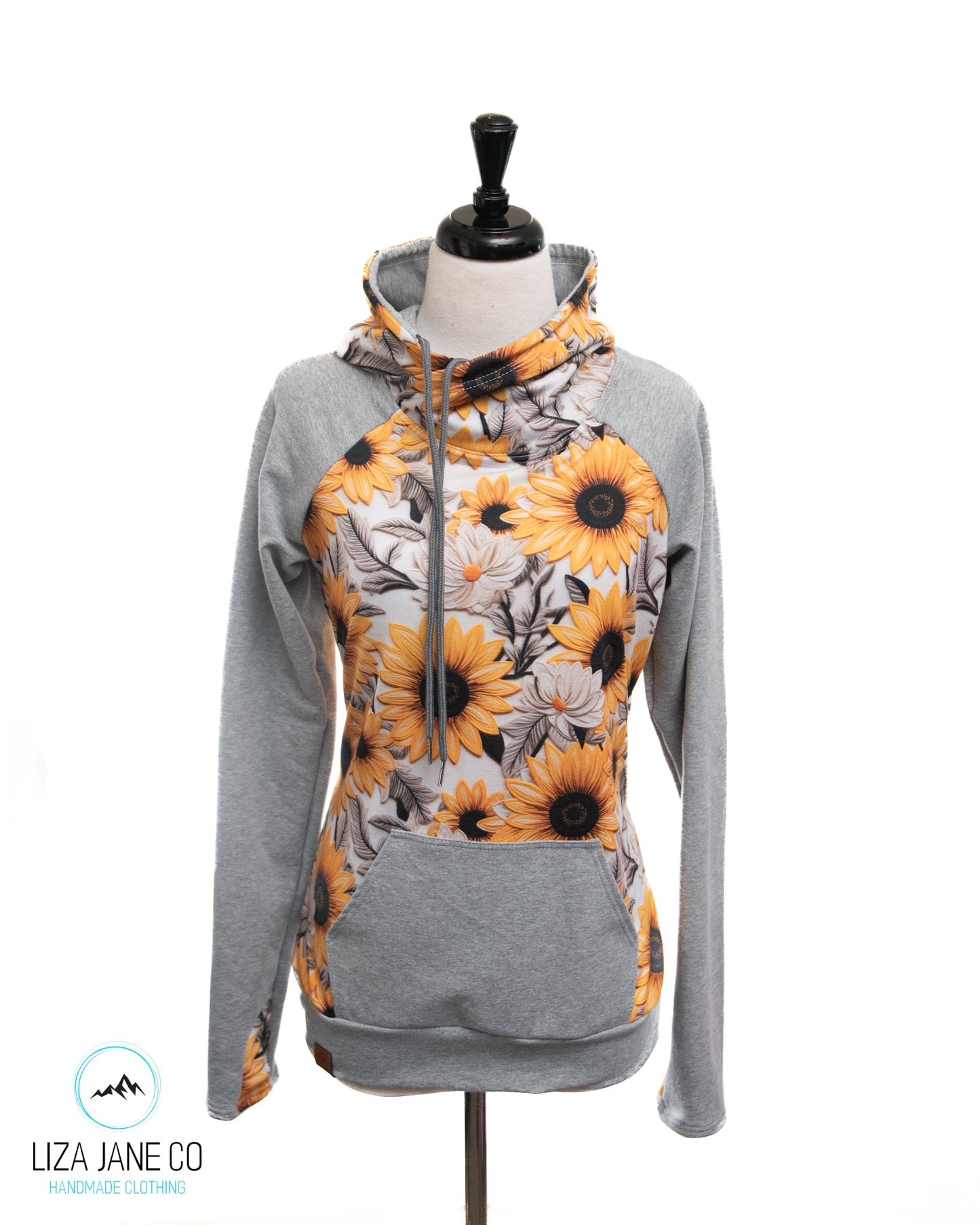 Women's Hoodie | Vibrant Embroidered Sunflower and Grey on Sleeves {Made to Order}