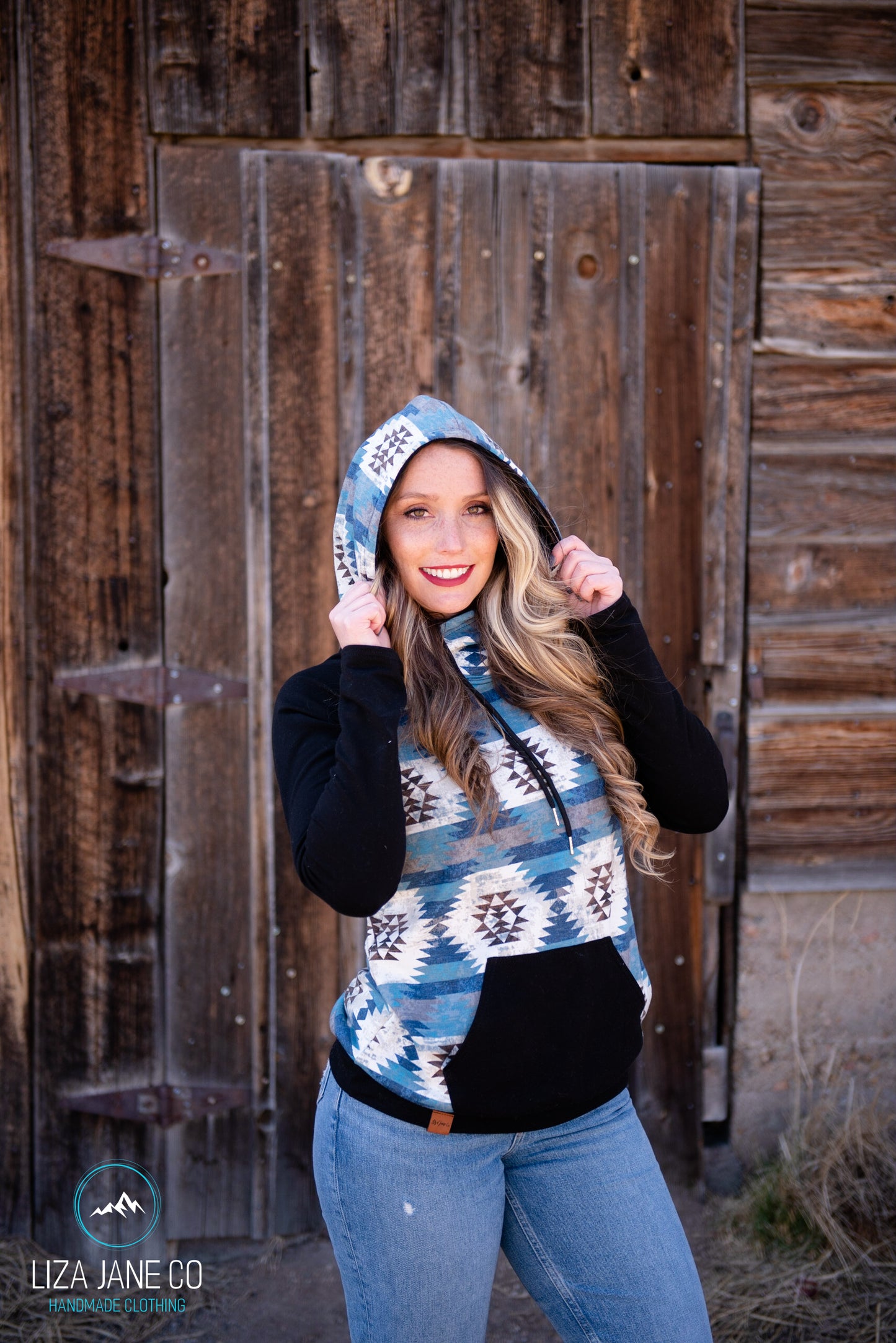 Women's Hoodie | Blue Aztec and Heather Grey {Large}