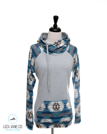 Women's Hoodie | Blue Aztec and Heather Grey {Large}