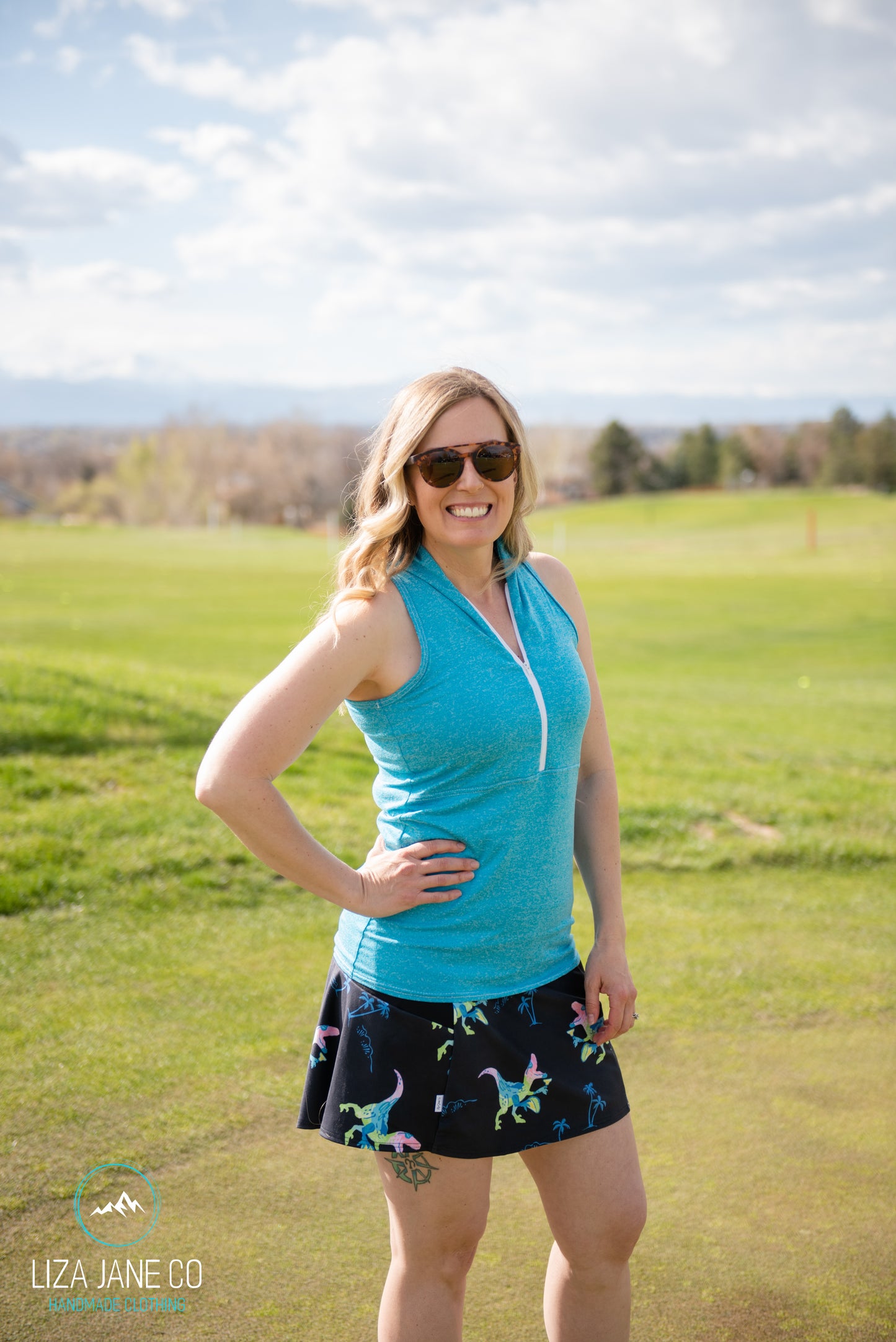 Blue 3/4 zip Women's Golf Shirt - Sleeveless