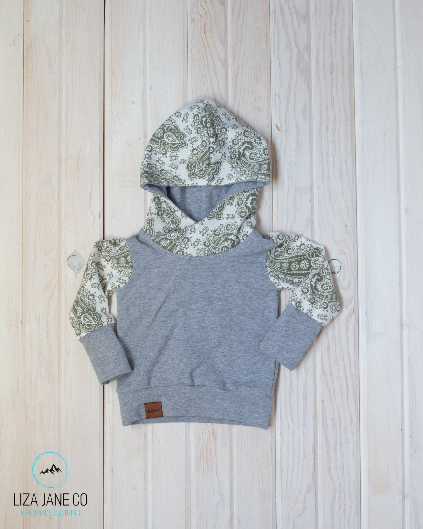 Grow with Me Hoodie | Olive Paisley on White and Grey