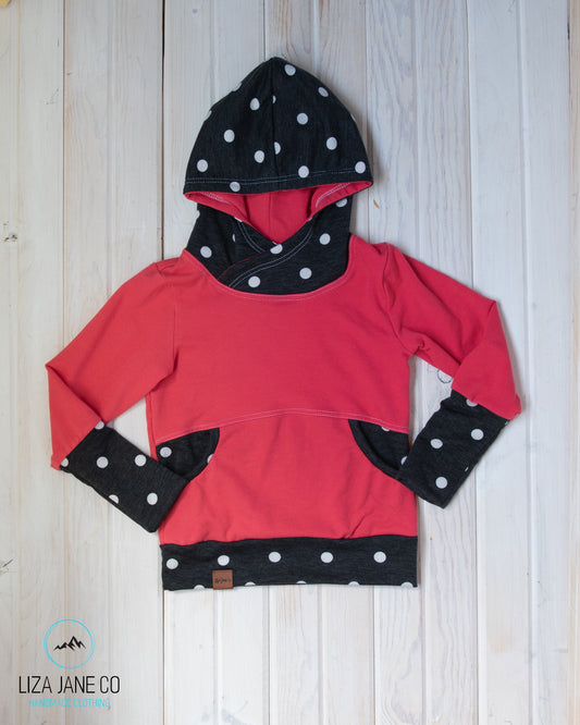 Grow with Me Hoodie | Coral And White Polka Dots on Grey {3-6 Year}