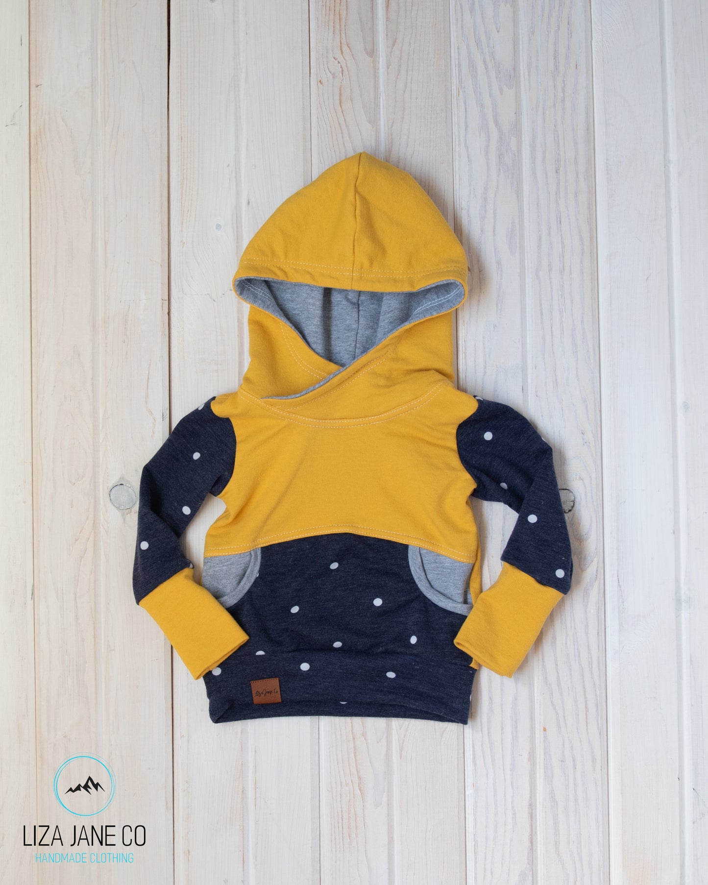 Grow with Me Hoodie | Mustard and Polka Dots on Blue {3-12 Month}