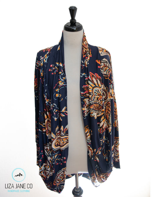 Women's Cocoon Cardigan | Paisley and Floral on Navy {Medium}