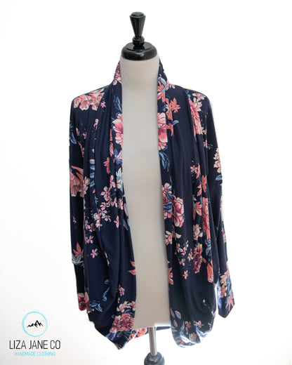 Women's Cocoon Cardigan | Blue and Pink Floral on Navy