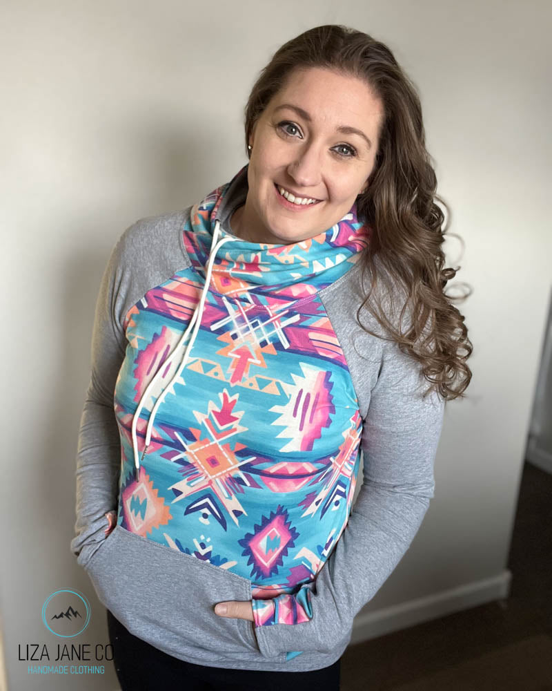 Women's Hoodie | Neon Aztec and Grey on Sleeves {Made to Order}