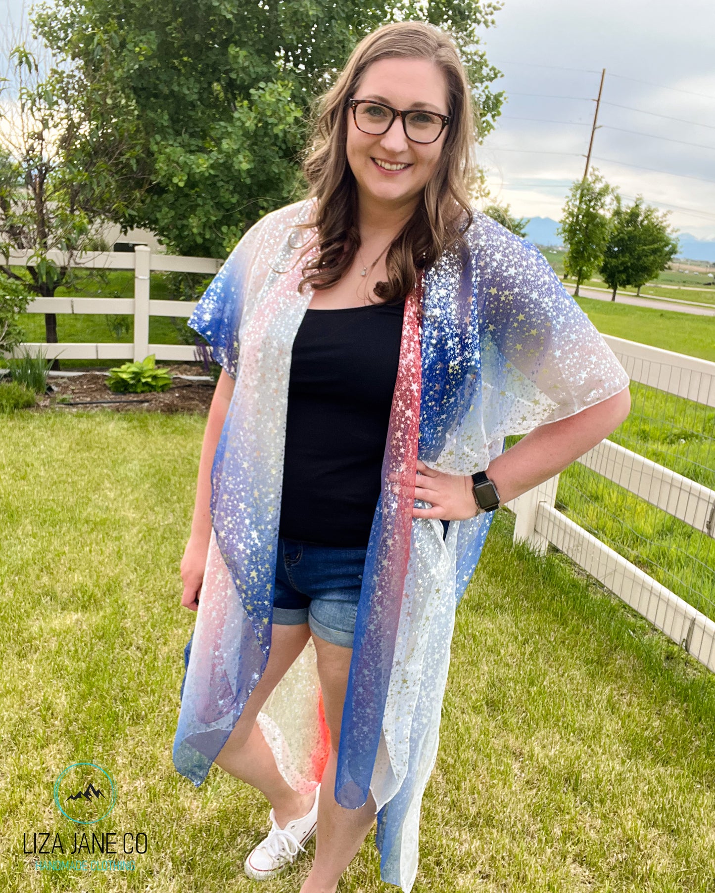 Women's Kimono | Patriotic - red, white, blue mesh with Silver Stars