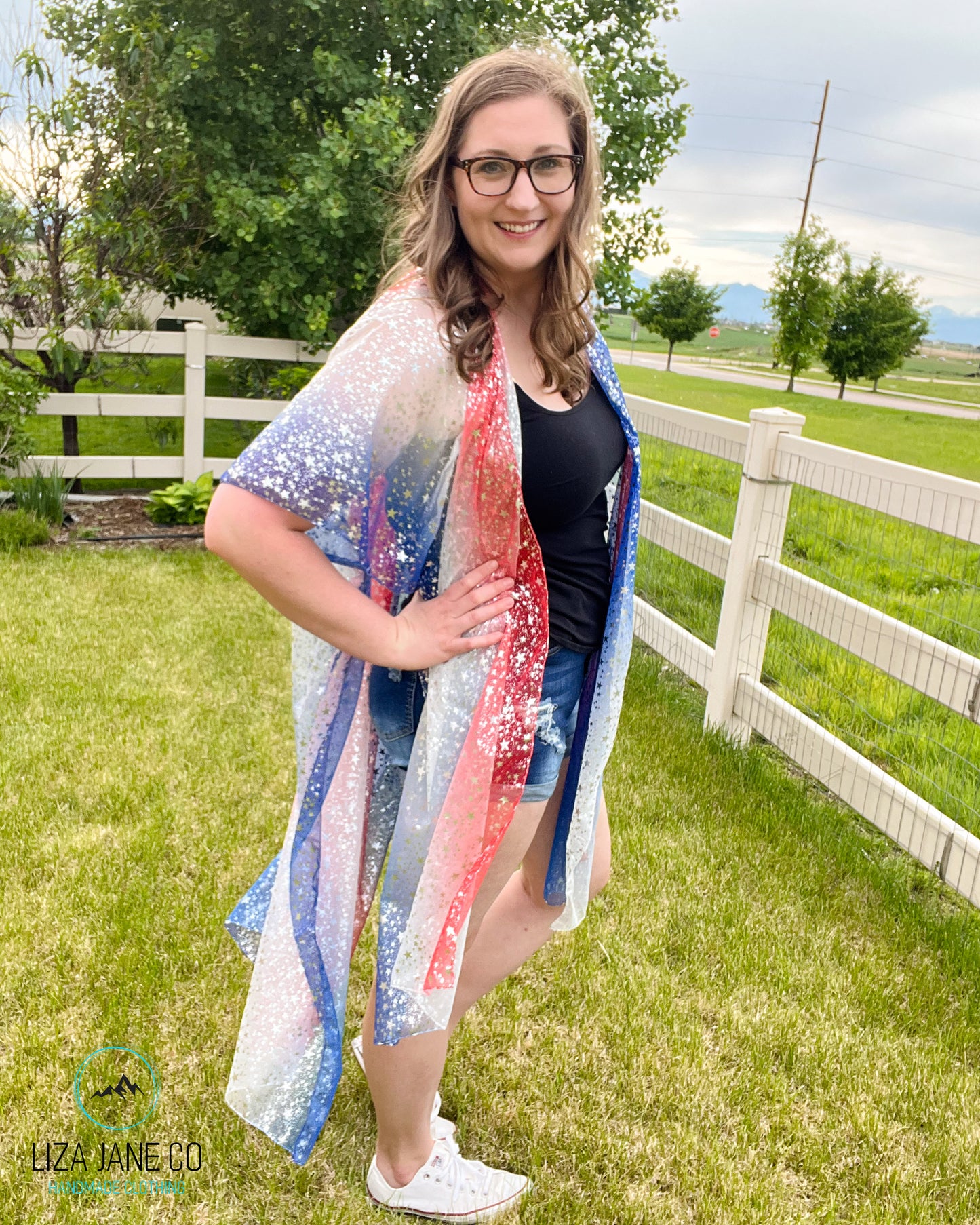 Women's Kimono | Patriotic - red, white, blue mesh with Silver Stars