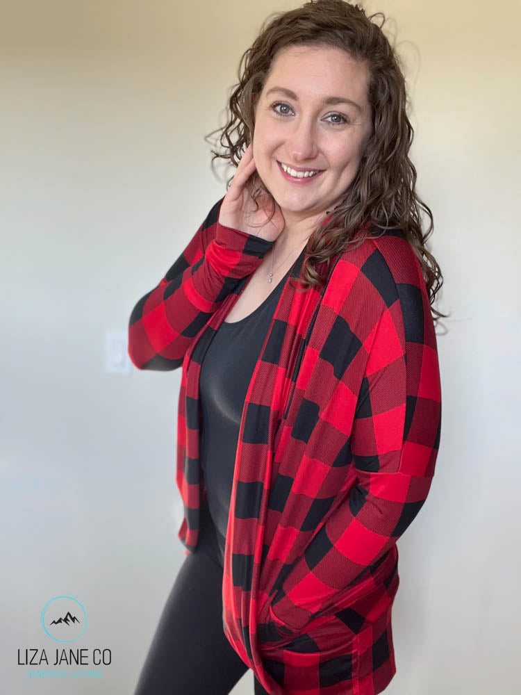 Women's Cocoon Cardigan | Red & Black Buffalo Plaid