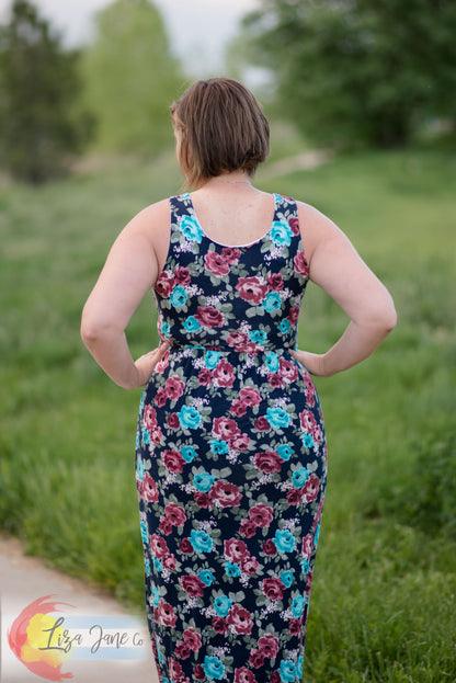 Women's Dress | Floral on Blue Maxi Tank Dress {X-Large Tall}