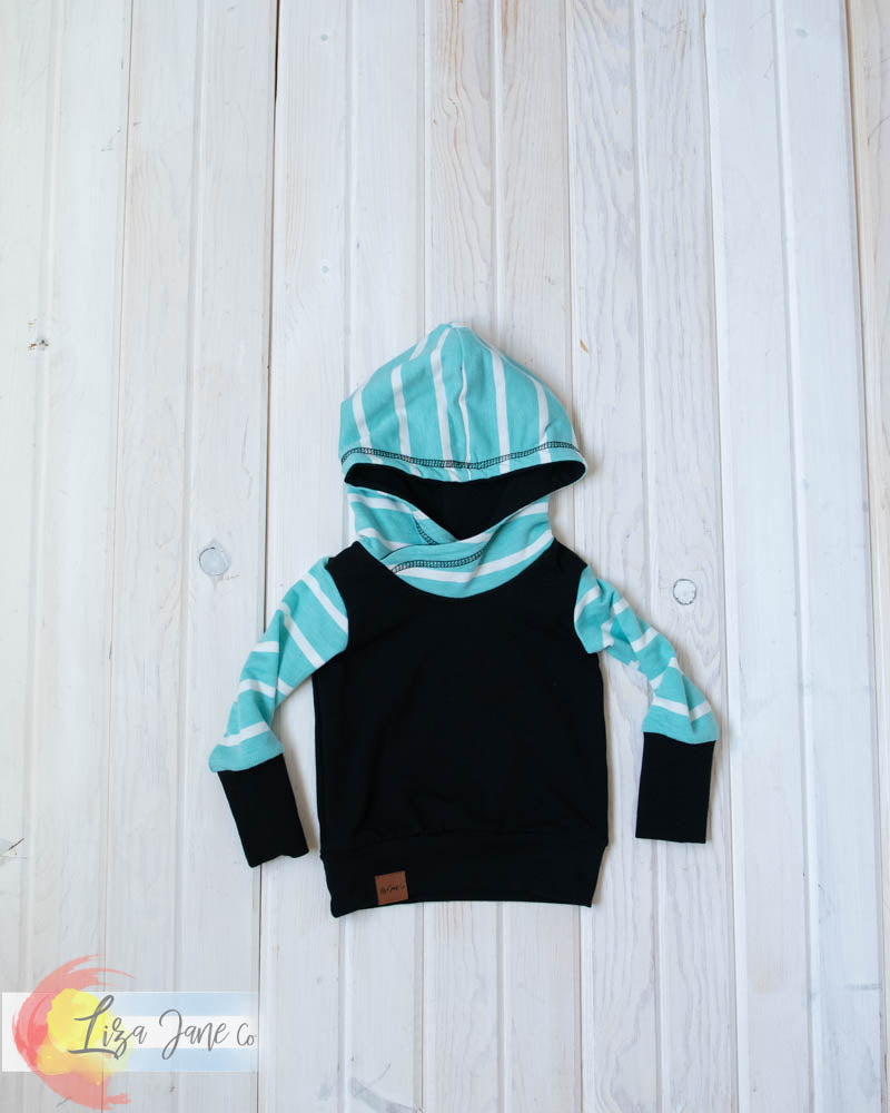 Grow with Me Hoodie | Aqua/White Stripes and Black {3-12 Month}