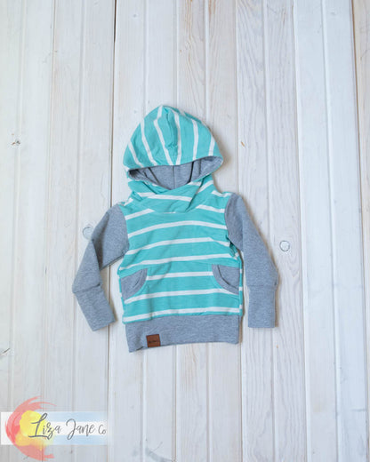 Grow with Me Hoodie | Aqua/White Stripes and Grey {3-12 Month}