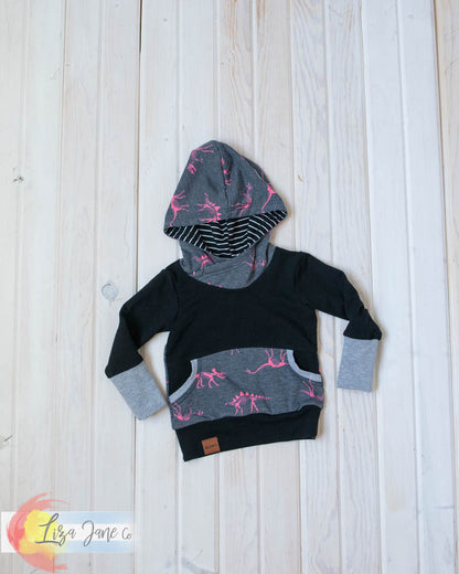Grow with Me Hoodie | Pink Dino And black {3-12 Month}
